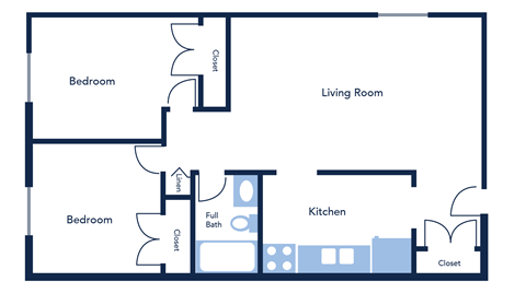 Floor plan for 2 beds, 1 bath, 730 sqft